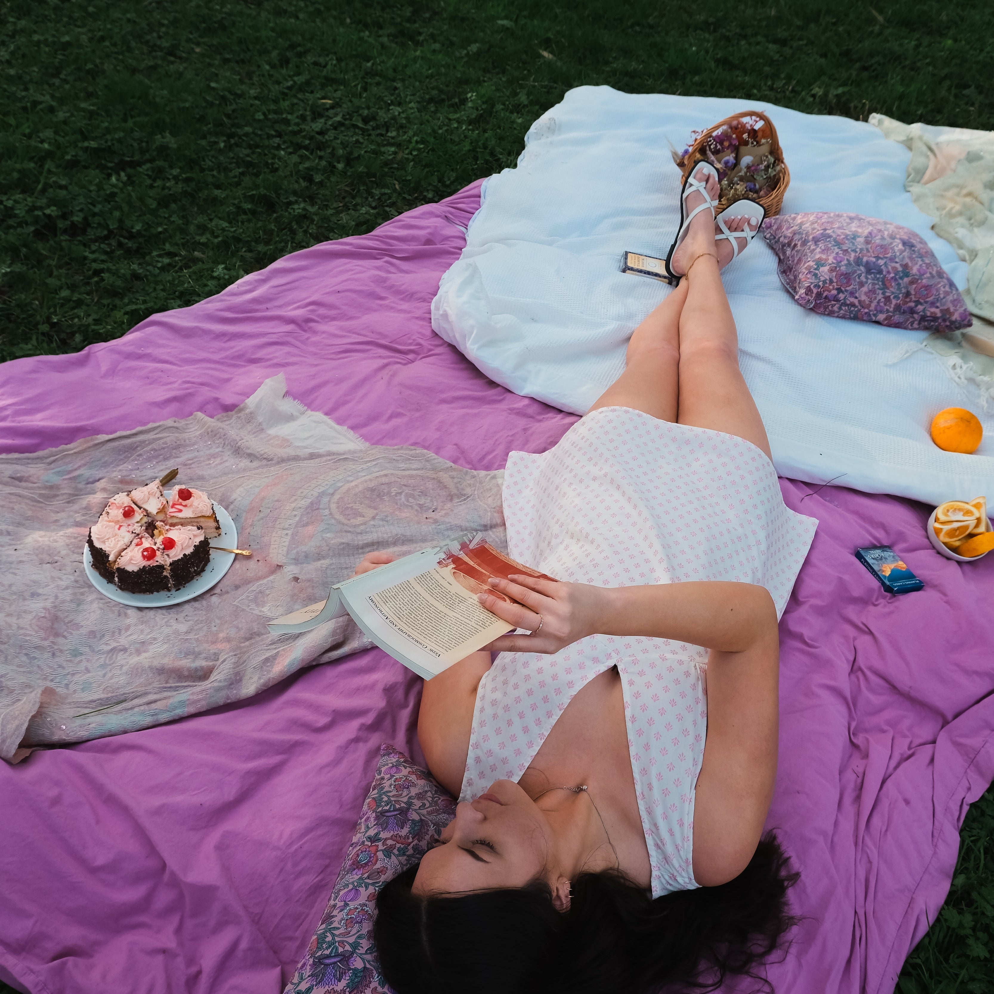 A woman relaxes on a purple blanket in a park setting, reading a book. A small cake with pink frosting is placed nearby on a patterned cloth, with a white towel and other picnic items around her.